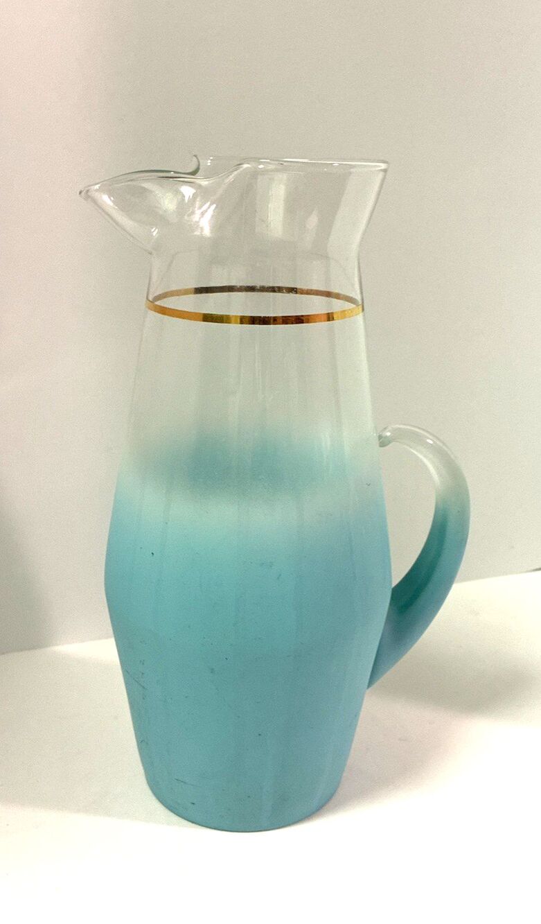 Vintage MCM 1950s Blendo West Virginia Glass Turquoise Pitcher